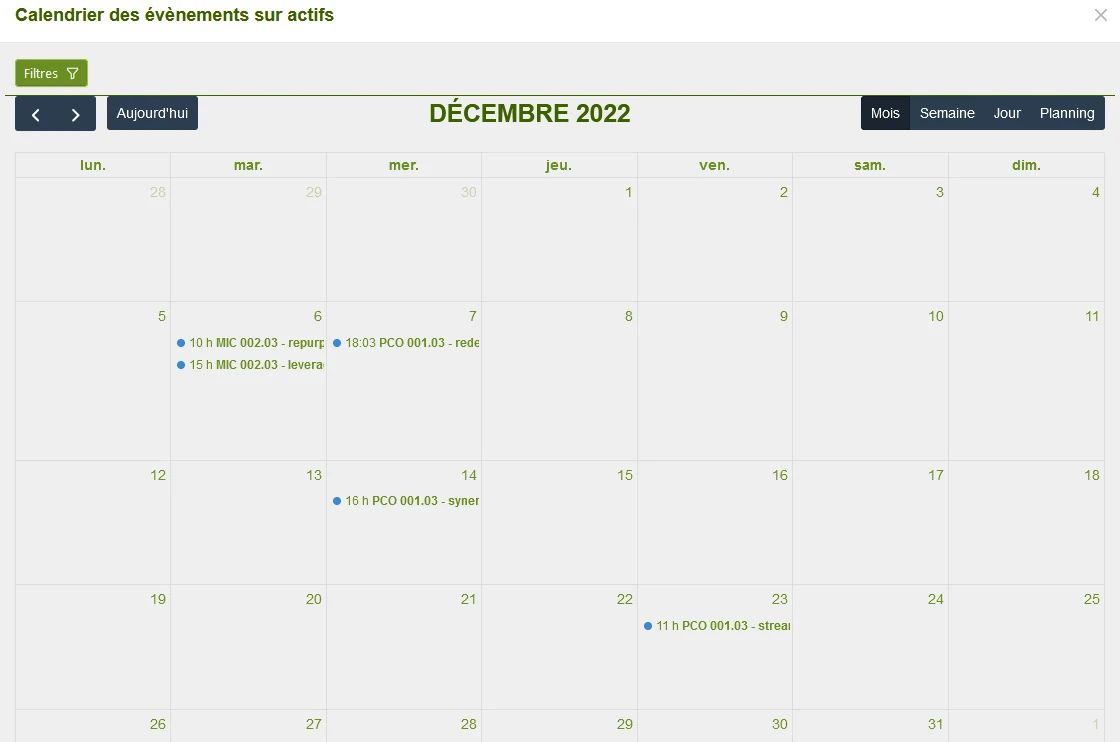 Manage assets : Calendrier des vérifications d'équipements